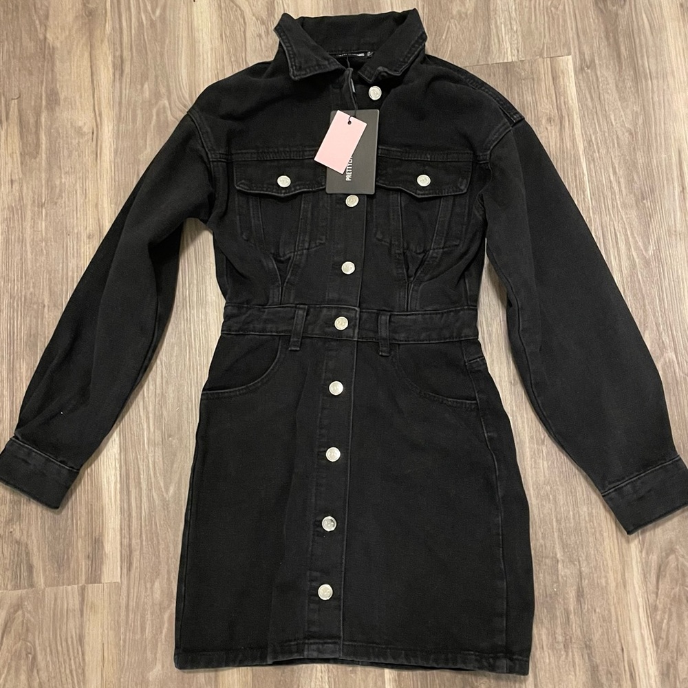 Pretty Little Thing Washed Black Long Sleeve Button Down Denim Dress